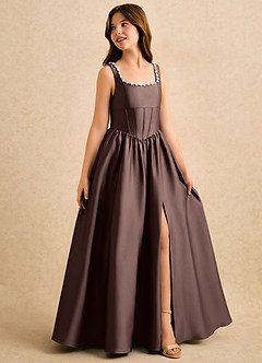 Azazie Enid Girls Formal Flower Girl Dresses Ganache A-Line Beaded Stretch Satin Dress image3