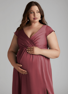 Azazie Allessia Robes de demoiselle d'honneur de maternité Robe Trapèze Plissée Longueur ras du sol Satin extensible image13