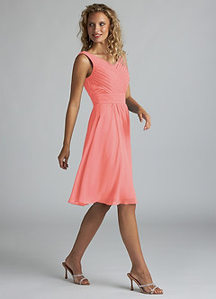 Azazie Grace Bridesmaid Dresses Coral A-Line Pleated Chiffon Dress image4