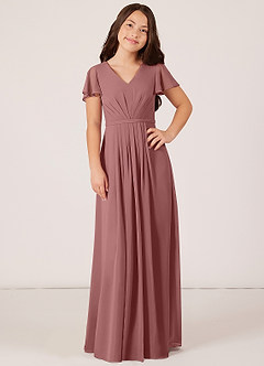 Azazie Peony Junior Abito A-Line in Chiffon Plissettato Rosa Del Deserto image1