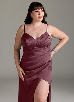 Azazie Yola Bridesmaid Dresses Sangria Sheath V-Neck Pleated Stretch Satin Convertible Dress image14