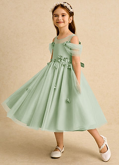 Azazie Juni Flower Girl Dresses Dusty Sage Ball-Gown Pleated Tulle Dress image3