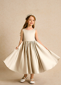 Azazie Doodlebug vestidos de niña de las flores Vestido de Champán de Satin Mate de Corte En A con Lazo image4