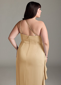 Azazie Latrice Bridesmaid Dresses Gold Sheath One Shoulder Cascading Ruffles Stretch Satin Dress image12