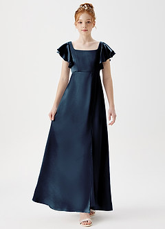 Azazie Bondi Junior A-Linie Seitliche Cut-Outs Metallischer Satin Kleid Dunkelmarine image4