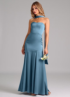 Azazie Shiloh Vestidos de damas de honor Vestido de Azul Acero de Satén Elástico de Corte Sirena Convertible con Sin tirantes image6