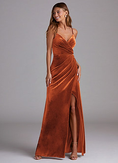 Azazie Maci Bridesmaid Dresses Burnt Orange Sheath Pleated Velvet Dress image1