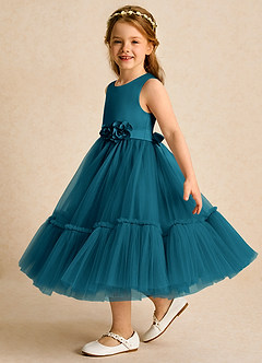 Azazie Miracle Flower Girl Dresses Ink Blue A-Line Bow Matte Satin Dress image3
