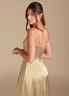 Azazie Halsey Bridesmaid Dresses Champagne A-Line Side Slit Metallic Satin Dress image2
