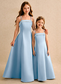 Azazie Izel Girls Formal Robe Demoiselle D'honneur Fillette Robe Trapèze en Mat Satiné Plissé Ivoire Bleu Poudré image2