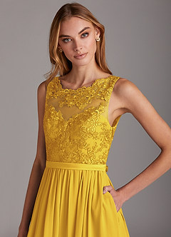 Azazie Elly Bridesmaid Dresses Marigold A-Line Lace Scoop Neck Chiffon Dress image6