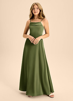 Azazie Anselie Junior Olive A-Line Off the Shoulder Stretch Satin Dress image3