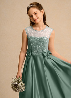 Azazie Candy Girl vestidos de niña de las flores Vestido de Eucalipto de Satin Mate de Princesa con Lazo image8