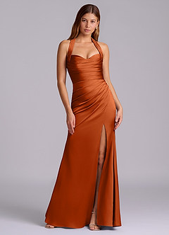 Azazie Destiny Vestidos de damas de honor Vestido de Naranja Quemada de Satén Elástico de Corte Sirena con Escote de Corazón image7