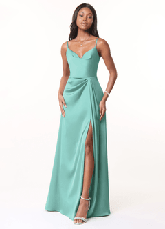 Azazie Brielle Bridesmaid Dresses Aqua A-Line Cowl Spaghetti Straps Stretch Satin Dress image1