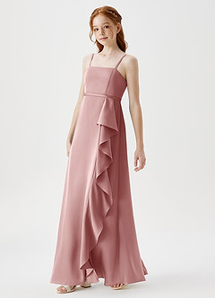Azazie Kaylee Junior Dusty Rose A-Line with Belt Stretch Satin Dress image4
