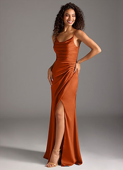 Azazie Deandra Bridesmaid Dresses Burnt Orange Mermaid Pleated Stretch Satin Dress image1
