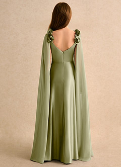 Azazie Rosita Girls Formal Robe Demoiselle D'honneur Fillette Robe Trapèze en Mat Satiné Plissée Vert Mousse image2