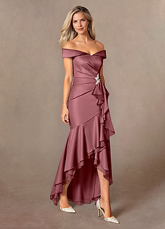 Azazie Billings Mother of the Bride Dresses Desert Rose Mermaid Off the Shoulder Stretch Satin Dress image6