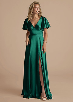 Azazie Kimber Bridesmaid Dresses Emerald A-Line Ruched Metallic Satin Dress image5