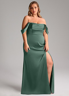 Azazie Saige Bridesmaid Dresses Eucalyptus Sheath Off the Shoulder Stretch Satin Dress image13