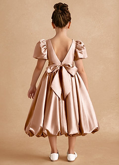 Azazie Jellybean Sukienki dla dziewczynek sypiących kwiaty Suknia balowa Marszczony Matowy satynowy Długość herbaty Sukienka image2