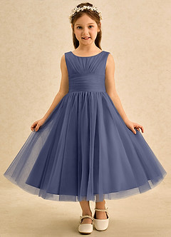 Azazie Macaron Robe Demoiselle D'honneur Fillette Robe Trapèze en Tulle Plissé Bleu Orageux image3