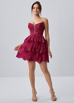 Liaorde Burgund Minikleid aus Spitze, Pailletten, Stickerei, Rüschen, A-Linie, Korsett image4