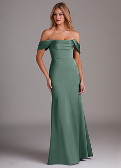 Azazie Saige Bridesmaid Dresses Eucalyptus Sheath Off the Shoulder Stretch Satin Dress image4