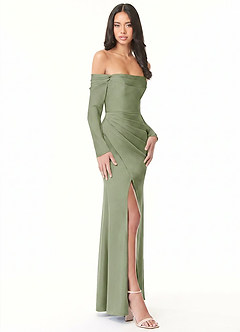 Azazie Hallie Bridesmaid Dresses Pistachio Mermaid Off-The-Shoulder Long Sleeve Stretch Satin Convertible Dress image5