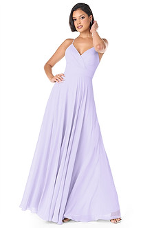 Azazie Avelina Robes de demoiselle d'honneur Robe Trapèze en Mousseline de soie Col V plissé Lilas image1