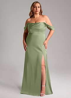 Azazie Saige Bridesmaid Dresses Pistachio Sheath Off the Shoulder Stretch Satin Dress image16