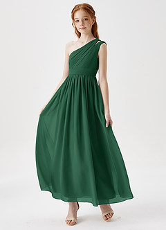 Azazie Anissa Junior Abito A-Line in Chiffon Plissettato Verde Scuro image3