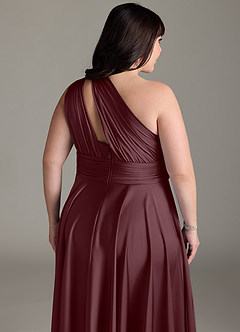 Azazie Charlize Bridesmaid Dresses Sangria A-Line One Shoulder Stretch Satin Dress image16