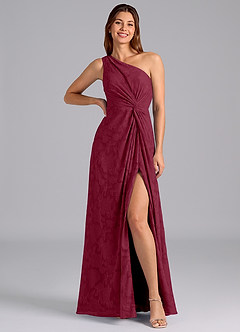 Azazie Brooke Bridesmaid Dresses Burgundy A-Line One Shoulder Floral Burnout Dress image3