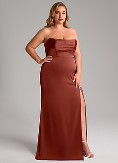 Azazie Saige Bridesmaid Dresses Terracotta Sheath Off the Shoulder Stretch Satin Dress image17