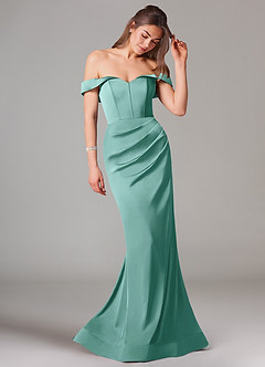 Azazie Everly Bridesmaid Dresses Aqua Mermaid Off the Shoulder Stretch Satin Convertible Dress image6