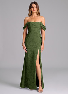 Azazie Saige Bridesmaid Dresses Olive A-Line Off the Shoulder Floral Burnout Convertible Dress image4