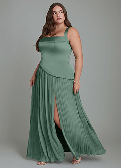 Azazie Stephanie Vestidos de damas de honor Vestido Eucalipto de Satén Elástico de Línea A con Plisado image11