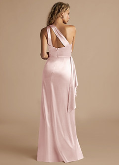 Azazie Maive Bridesmaid Dresses Blushing Pink Sheath Ruched Metallic Satin Dress image3