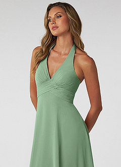 Azazie Tessie At-home Try On Dresses Matcha A-Line V-Neck Pleated Chiffon Dress image5