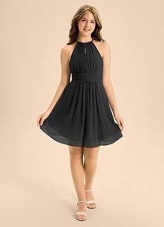 Azazie Bonnie Junior Black A-Line Pleated Chiffon Dress image1
