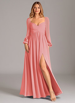 Azazie Bailee Jurken voor bruidsmeisjes Jurk van Chiffon met A-Lijn Lange mouw Koraal image1