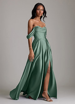 Azazie Loisa Abiti da Damigella Abito A-Line in Raso Elasticizzato a Spalla Scoperta Eucalipto image6