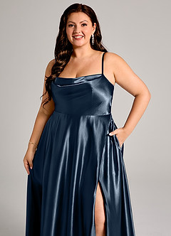 Azazie Elle Bridesmaid Dresses Dark Navy A-Line with Pockets Metallic Satin Dress image12