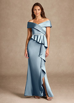 Azazie Dareia vestidos de madre de la novia Vestido de Azul Polvoriento de Satén Elástico de Sirena con Vestidos sin tirantes image3