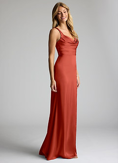 Azazie Elida Bridesmaid Dresses Terracotta Sheath Pleated Stretch Satin Dress image3