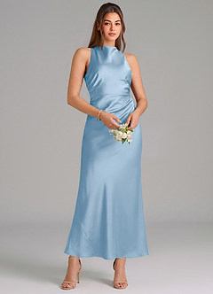 Azazie Evadne Vestidos de damas de honor Vestido de Azul Pálido de Satén Elástico de Corte Recto con Plisado image3