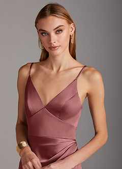 Azazie Shania Bridesmaid Dresses Amethyst Sheath V-Neck Pleated Stretch Satin Dress image5