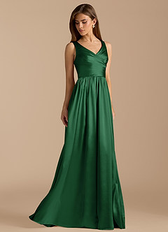Azazie Keyla Bridesmaid Dresses Dark Green A-Line Pleated Metallic Satin Dress image4